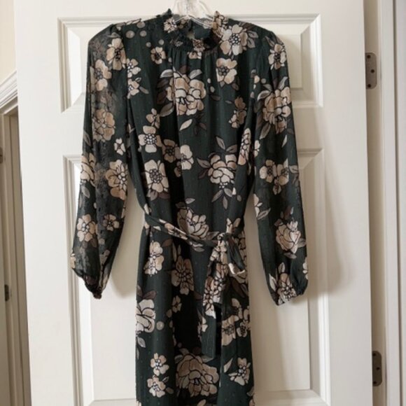 NWT Ann Taylor Factory Long Sleeved Dark Green Floral Tie Dress sz Small Petite - Picture 2 of 11